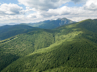 Fototapeta premium High mountains of the Ukrainian Carpathians in sunny weather. Aerial drone view.