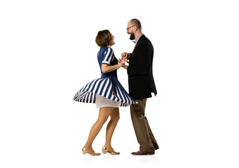 Couple of dancers, young man and woman in vintage retro style outfits dancing swing dance isolated...
