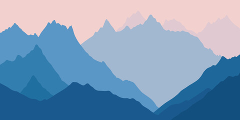 Fantasy on the theme of the morning landscape, sunrise in the mountains, panoramic view, vector illustration.