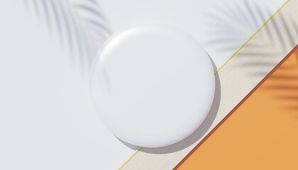 3d render top view of white blank cylinder frame for mock up and display products with shadows of palm leaves, earth tone, and pastel wall background. Creative idea concept. Widow shadow.
