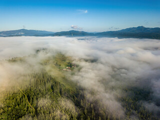 Foggy summer morning in the Ukrainian Carpathians. Aerial drone view.