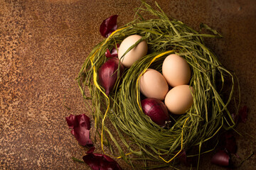 Chicken eggs with onions in the nest