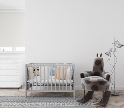 cute nursery room with white empty wall for mockup