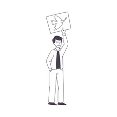 Man Character Partaking in Demonstration for Peace with Placard and Dove on It Vector Illustration