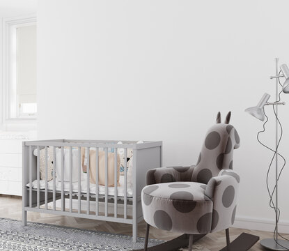 cute nursery room with white empty wall for mockup