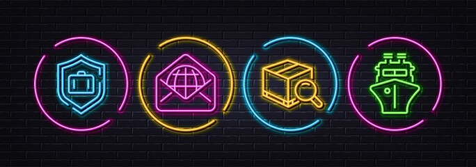 Search package, Luggage protect and Web mail minimal line icons. Neon laser 3d lights. Ship icons. For web, application, printing. Tracking service, Baggage defense, World communication. Vector