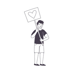 Man Character Partaking in Demonstration for Love and Peace with Placard Vector Illustration