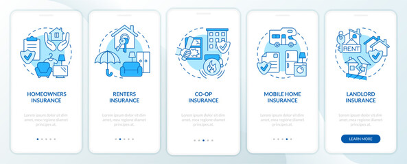 Fototapeta na wymiar Property insurance types blue onboarding mobile app screen. Real estate walkthrough 5 steps graphic instructions pages with linear concepts. UI, UX, GUI template. Myriad Pro-Bold, Regular fonts used