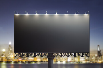 Blank black horizontal billboard on city buildings background at night, front view. Mockup, advertising concept