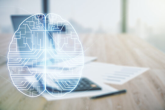 Virtual creative artificial Intelligence hologram with human brain sketch on calculator and laptop background. Multiexposure - Powered by Adobe