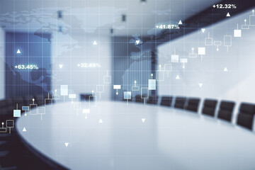 Abstract creative financial graph interface and world map on a modern conference room background, forex and investment concept. Multiexposure