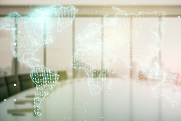 Multi exposure of abstract graphic world map hologram on a modern furnished office interior background, connection and communication concept