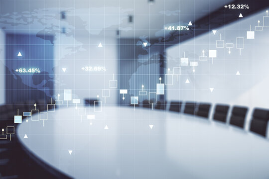 Abstract creative financial graph interface and world map on a modern conference room background, forex and investment concept. Multiexposure