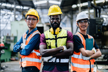 Portrait of Groups diversity workers factory or engineering standing cross arms look confident in...