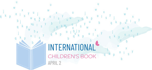 International Children's Book Day. April 2nd. Concept of imagination of a book letters come out to let your imagination fly with them. Template for background, banner, card, poster with text inscripti