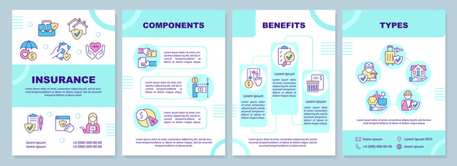 Insurance turquoise brochure template. Accident cover. Leaflet design with linear icons. 4 vector layouts for presentation, annual reports. Arial-Black, Myriad Pro-Regular fonts used