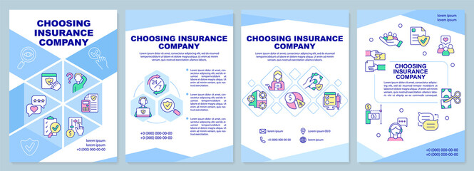 Fototapeta na wymiar Choosing insurance company blue brochure template. Cover seeking. Leaflet design with linear icons. 4 vector layouts for presentation, annual reports. Arial-Black, Myriad Pro-Regular fonts used