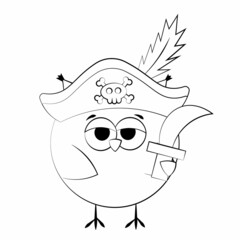 Cute cartoon Owl Pirate. Draw illustration in black and white