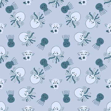 Hand drawn seamless pattern with axolotls, octopus and jellyfish. Perfect for T-shirt, textile and print. Doodle illustration for decor and design.