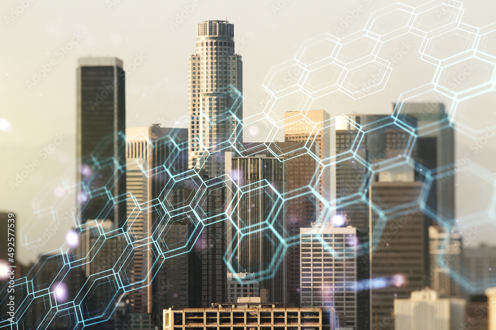Poster Abstract virtual wireless technology hologram with hexagon on Los Angeles skyline background. Big data and database concept. Multiexposure