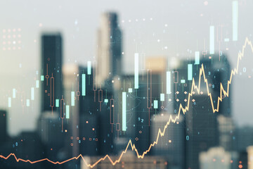 Abstract virtual financial graph hologram on blurry skyline background, forex and investment concept. Multiexposure