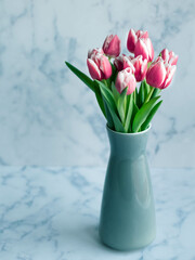 pink tulips in a vase on grey background