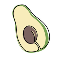 Continuous one line drawing avocado. Vector illustration. Black line art on white background with colorful spots.