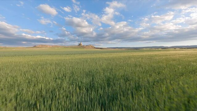 AERIAL DRONE FPV Low Flight Green fields Castle