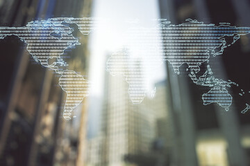 Double exposure of abstract digital world map hologram on blurry cityscape background, big data and blockchain concept