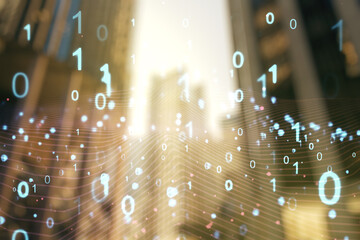 Abstract virtual binary code illustration on office buildings background. Big data and coding concept. Multiexposure
