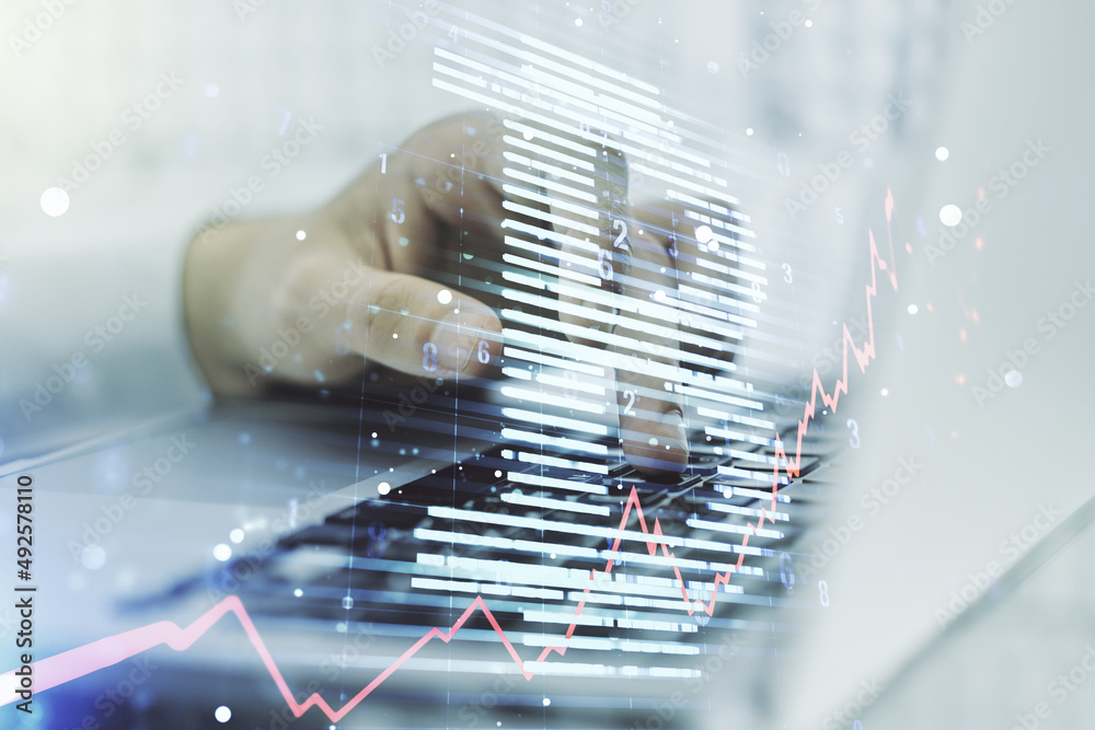 Poster creative bitcoin concept with hands typing on computer keyboard on background. double exposure