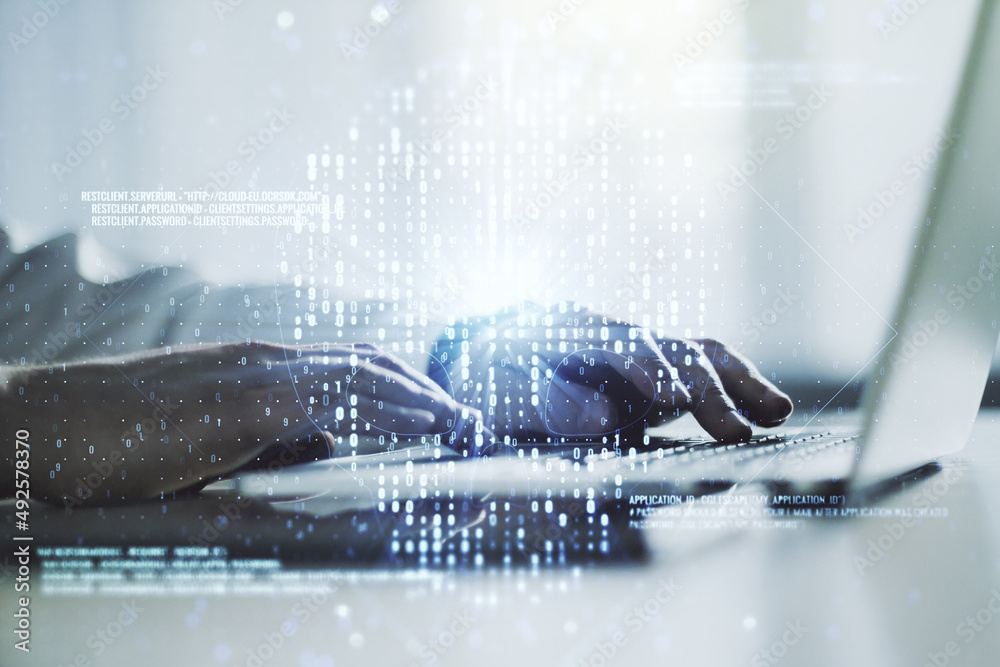 Poster creative code skull hologram and hands typing on computer keyboard on background, cybercrime and hac
