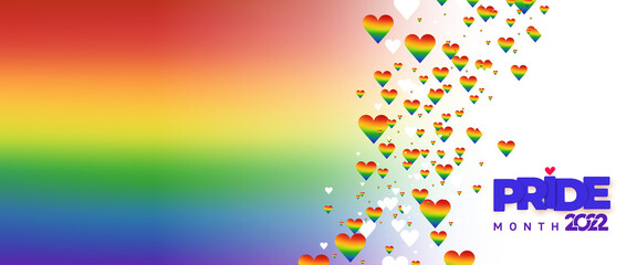 LGBT Pride Month 2022 concept. Freedom rainbow flag with hearts. Gay parade annual summer event. Design 2022 logo pride flag representing LGBTQ pride. Vector illustration Isolated on white background.