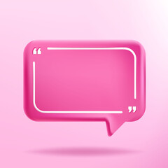 Vector illustration. 3d minimalist poster. Quote frame blank template. Isolated textbox. Citation empty speech bubbles. Pink color background. Rectangle simple shape. Social media template, web banner