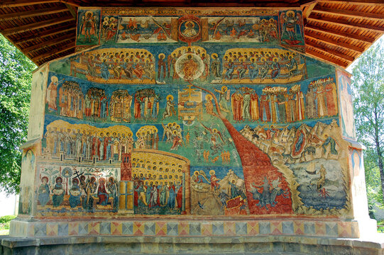 Voronets Monastery, Suceava County, Moldavia, Romania: One of the famous painted churches of Moldavia. Detail of the colorful medieval frescos on the Saint George Church.