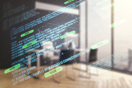 Abstract creative coding illustration and modern desktop with pc on background, software development concept. Multiexposure