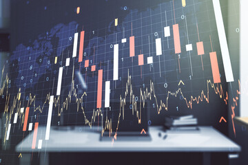 Multi exposure of abstract financial graph with world map and modern desktop with pc on background, financial and trading concept