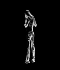 A man with a bowed head. Back view. Pencil drawing