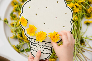 Kids sensory tool. DIY at home toy with natural dandelion. Fun outdoor flower decorating activity. Second life of paper. Cardboard vase. Reuse wisely.
