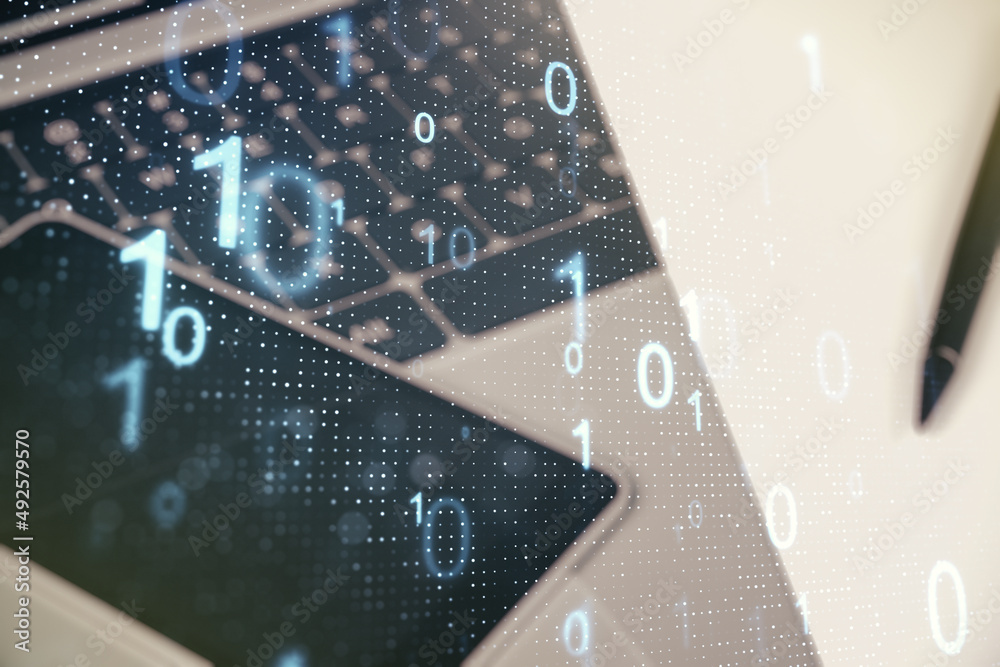 Poster creative abstract binary code sketch on modern laptop background, hacking and matrix concept. multie