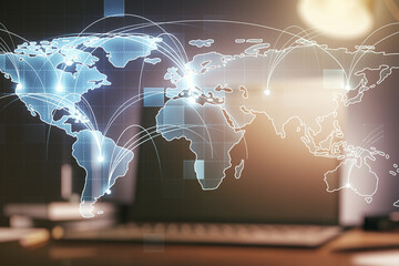 Abstract graphic digital world map with connections on modern computer background, globalization concept. Multiexposure