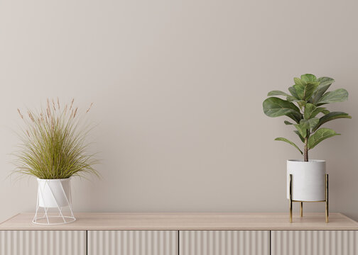 Empty cream wall. Mock up interior in contemporary style. Close up view. Free, copy space for your picture, text, or another design. Sideboard, plants. 3D rendering.