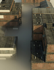 Aerial of a misty industrial area at sunrise. 3D render.