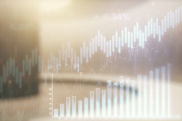 Multi exposure of virtual creative financial chart hologram on empty modern office background, research and analytics concept