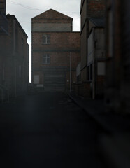 Fototapeta na wymiar Dark alley in an industrial district under a cloudy sky. 3D render.