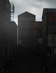 Dark alley in an industrial district under a cloudy sky. 3D render.