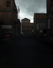 Fototapeta na wymiar Dark alley in an industrial district under a cloudy sky. 3D render.