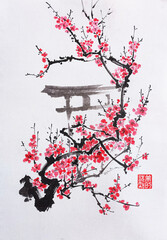 Branches of cherry blossoms in front of the Torii Gate. The text in seal is "Perception of Beauty". Illustration in traditional oriental style.