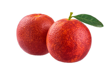 Two bloody red oranges isolated on white background clipping path, full depth of field.