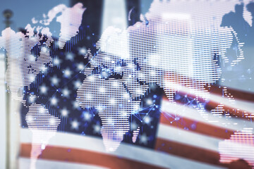 Multi exposure of abstract creative digital world map hologram on USA flag and blurry skyscrapers background, research and analytics concept